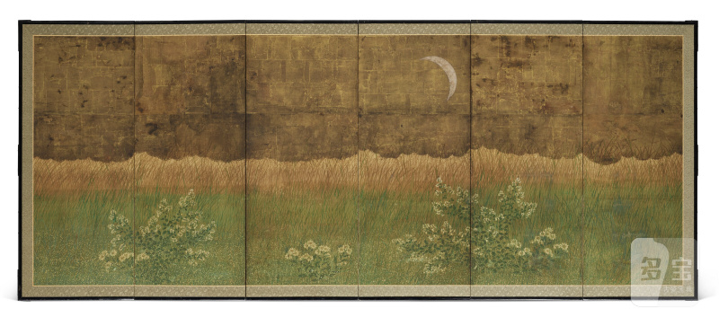 A SIX-FOLD SCREEN DEPICTING A FIELD UNDER THE MOON  JAPAN, EDO PERIOD, 18TH CENTURY - 图1